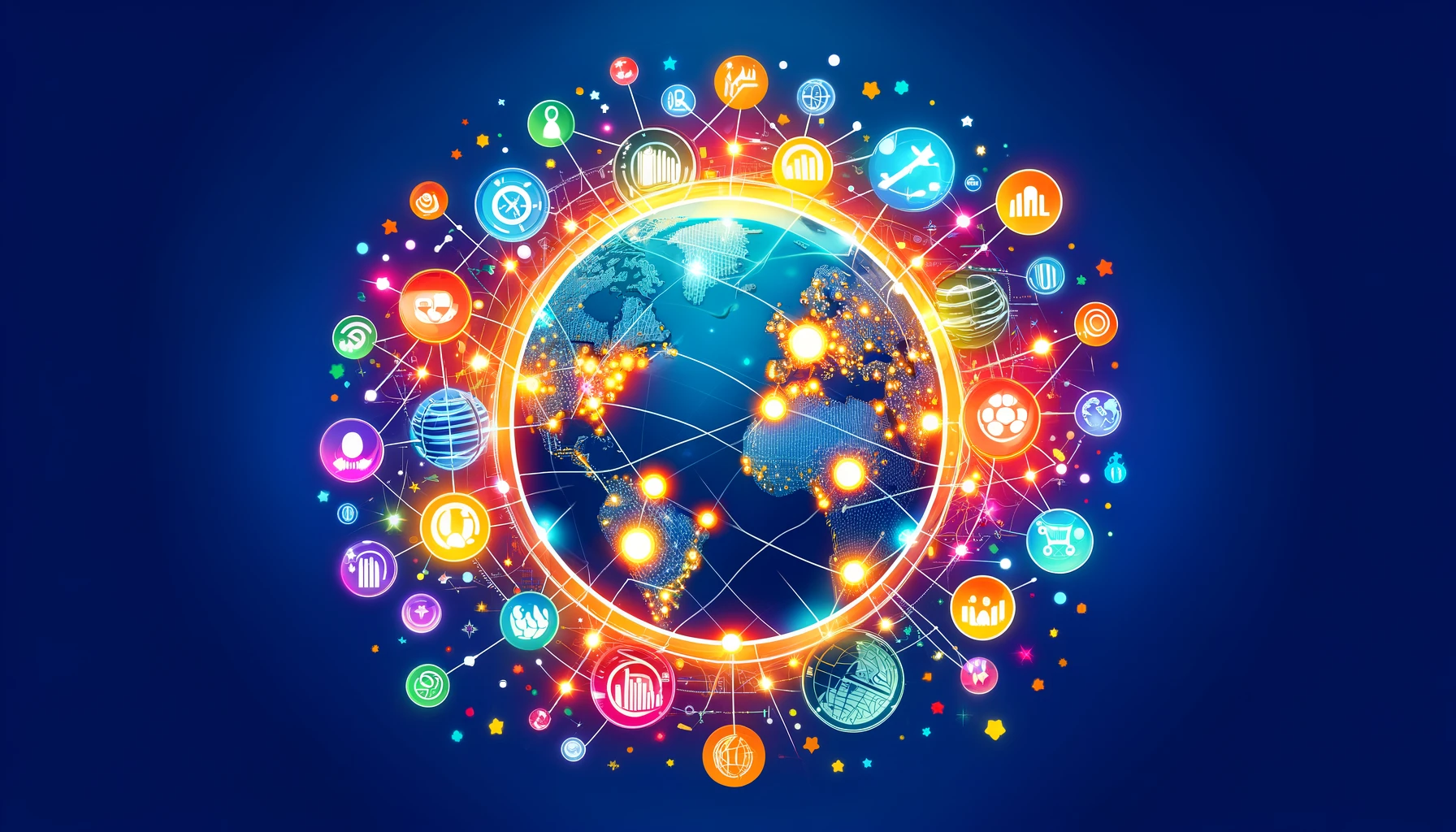 Flat map of the world with lights representing interconnected cities in each continent, and SEO icons like keywords, analytics, rankings, and backlinks, symbolizing global SEO success.