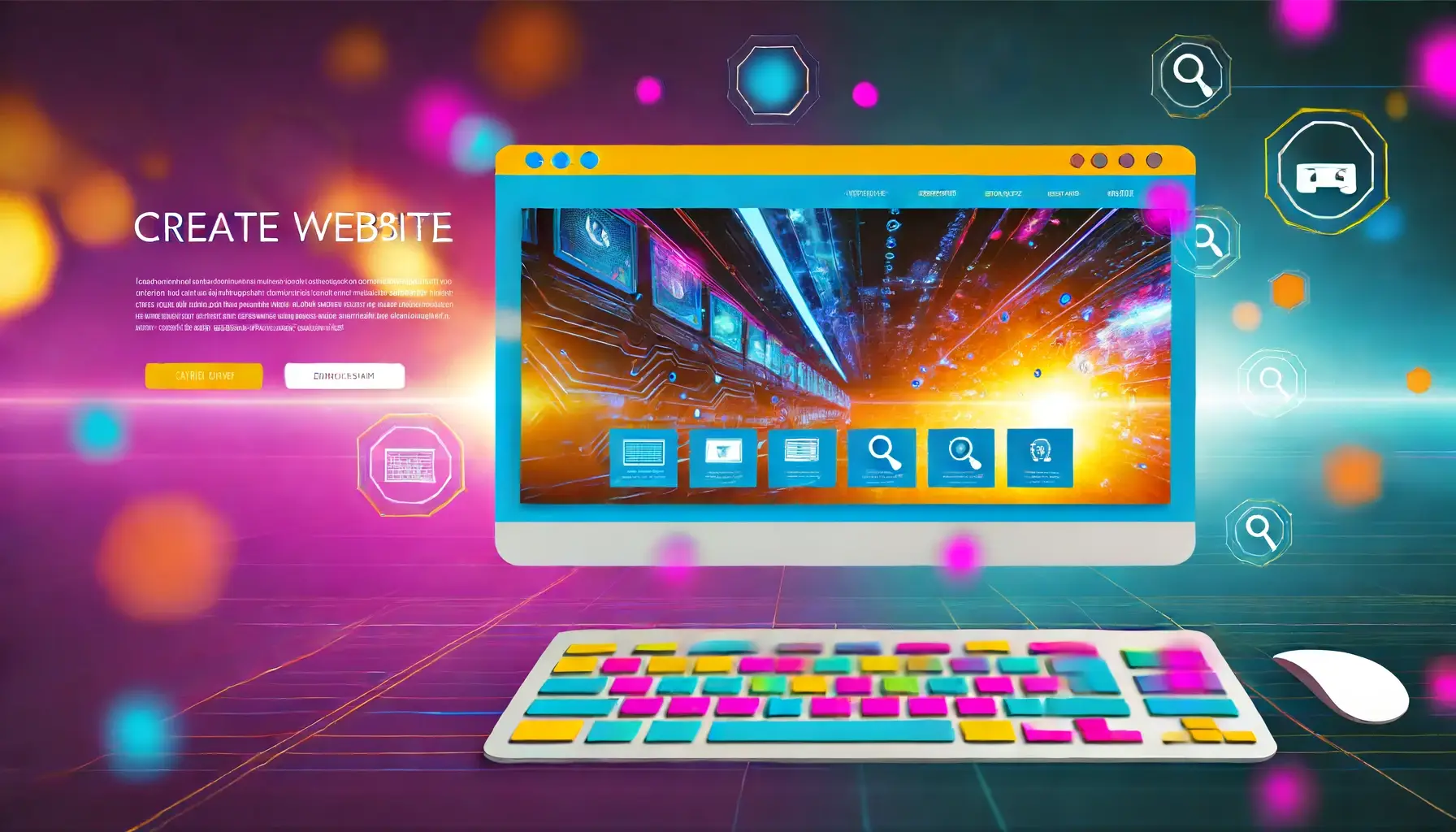 Image showing a website in a futuristic view with holographic screens and digital interface icons, using vibrant and super bright colors in a modern style.