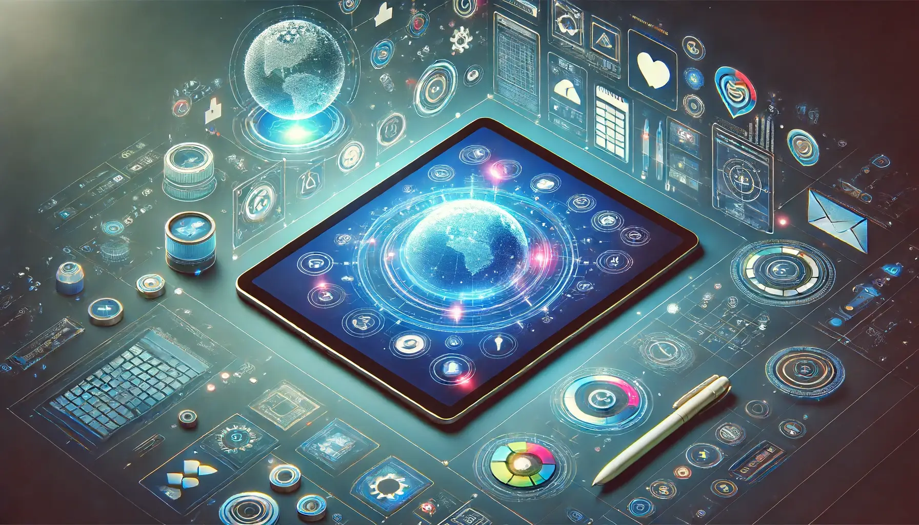 Image showing a tablet lying flat with technology icons displayed in a hologram view above it, using vibrant colors and a modern style.