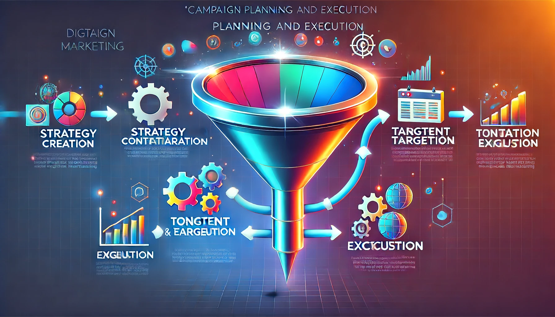 Modern, vibrant image depicting a funnel for campaign planning and execution in digital marketing, showing stages such as strategy, content creation, targeting, execution, and analysis.