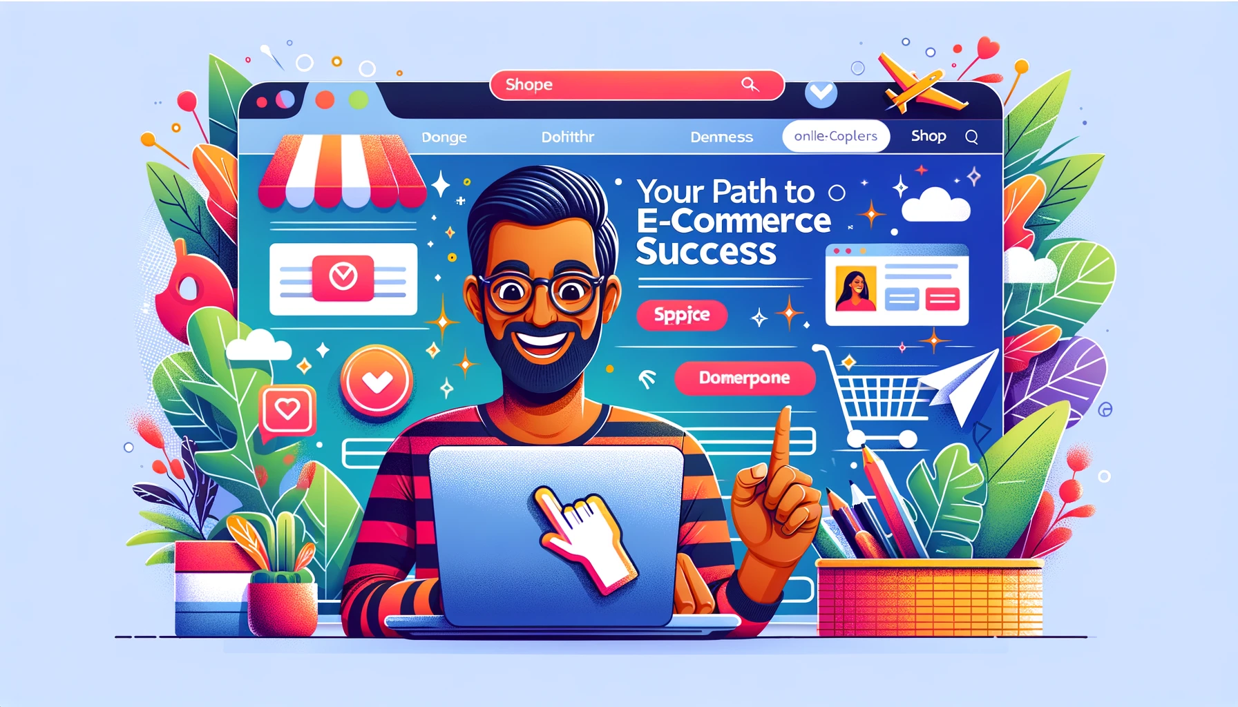 Diverse person smiling and about to click a button in an online shop, showcasing a high-end laptop with vibrant colors and a modern, cheerful design.