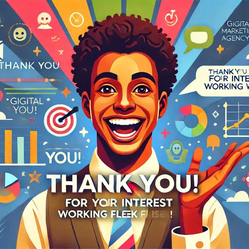 Lively image for the 'Thank You for Your Interest in Working with Fleekwiser!' page featuring an exciting smile from a colored person, friendly gestures, and digital marketing icons, with elements more spread out.
