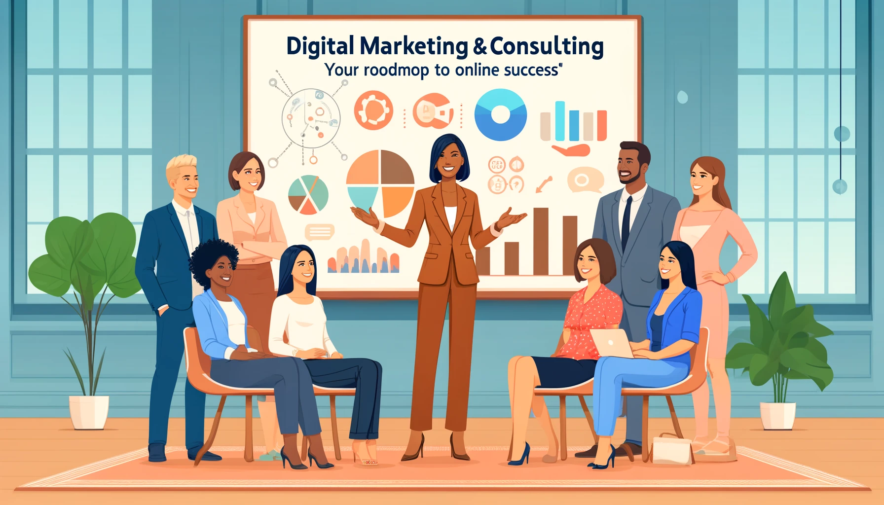 Brown-colored female digital marketing coach explaining concepts to five adult consultants in front of a big digital marketing dashboard, with an effective and charming smile, in a modern office setting with vibrant colors.