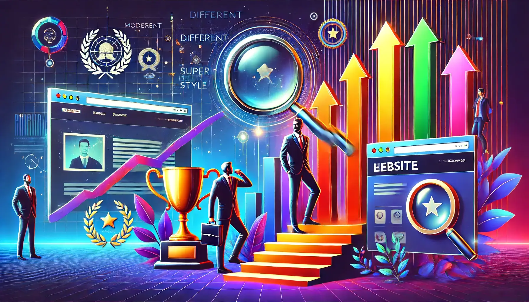 Image regarding search measures with a vibrant colors and futuristic style background, featuring a website with a magnifier, an award or champions cup, a consultant walking up steps with an office bag, and a positive graph with an uprising arrow.