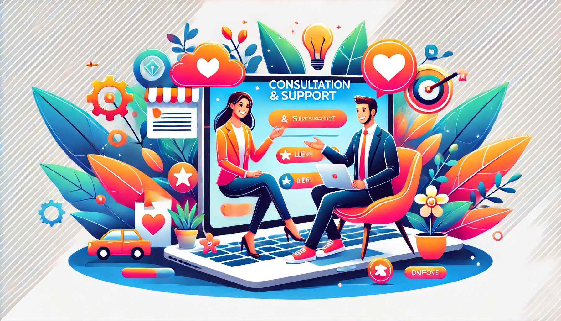 Lively image depicting a consultant supporting a client with a sense of understanding, comfort, and excitement, using vibrant colors in a modern style.