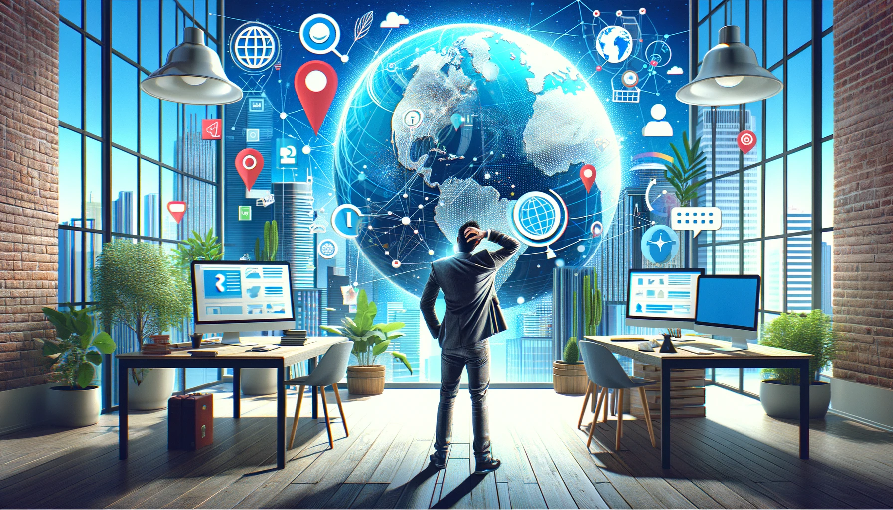 Consultant scratching his head in front of a huge screen showing a globe with several map icons, with vibrant colors and a modern office setting.