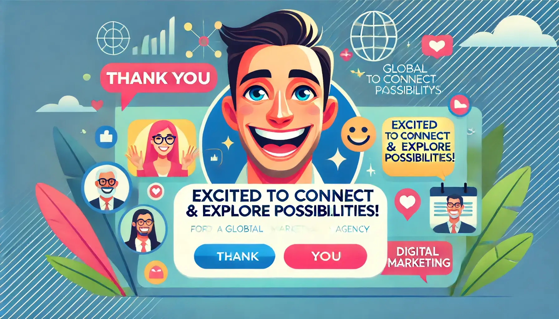 Lively image for a 'Thank You' page featuring an exciting smile, friendly gestures, and digital marketing icons, conveying a sense of excitement and assurance.