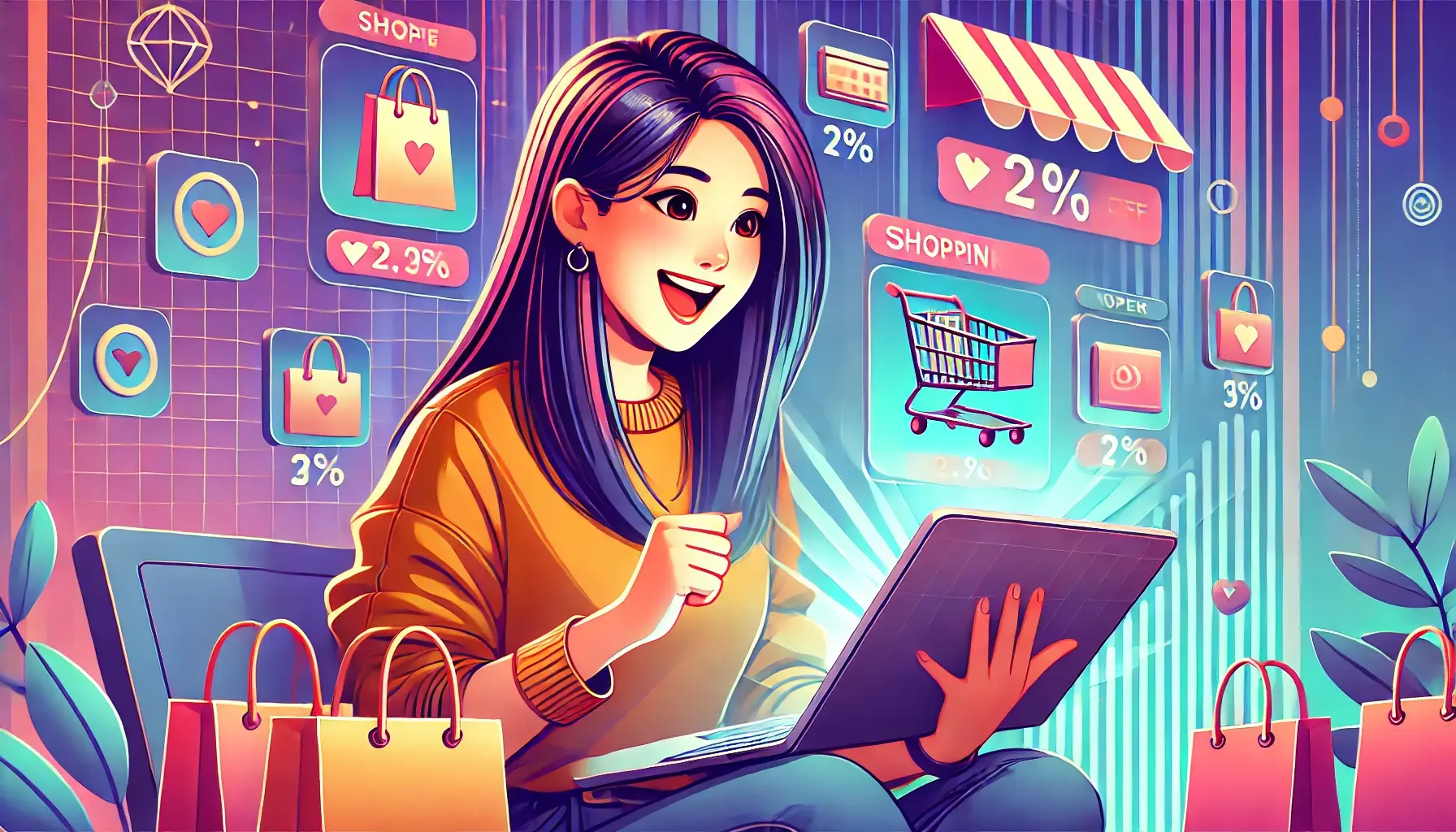 A happy and joyful Asian woman shopping online, sitting in front of her open laptop. The scene features a stylish, futuristic, and cartoon-like look with vibrant colors, highlighting Ecommerce Website Features.