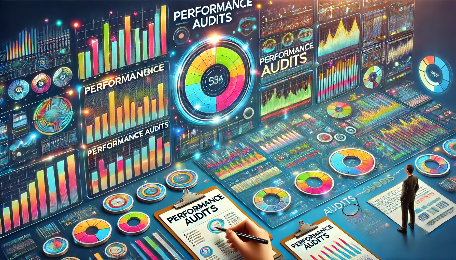 Lively image depicting a huge dashboard with different charts and graphs, emphasizing the importance of performance audits and data-driven decision making, in a modern style with vibrant colors.