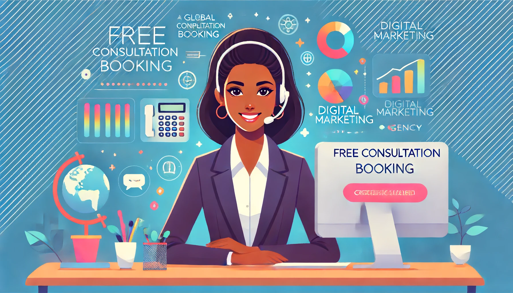 Lively image for free consultation booking page for a digital marketing agency, featuring a friendly, professionally looking female from a different race working in a call center, with vibrant colors.