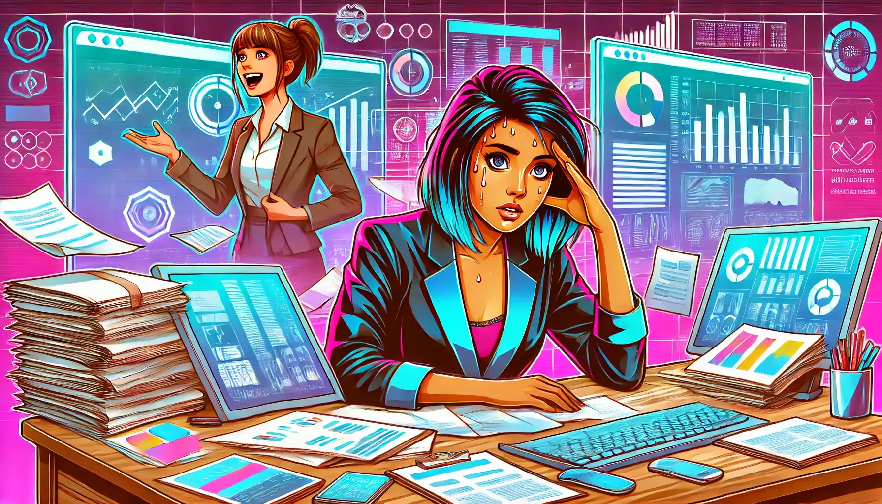 Stylish vector art depicting project management challenges in digital marketing with a diverse female project manager looking doubtful and sweating slightly in front of a cluttered futuristic desk, while another female project manager laughs into the camera. The scene features vibrant colors, gradients, and a high-tech atmosphere, emphasizing the complexities of managing digital marketing projects.