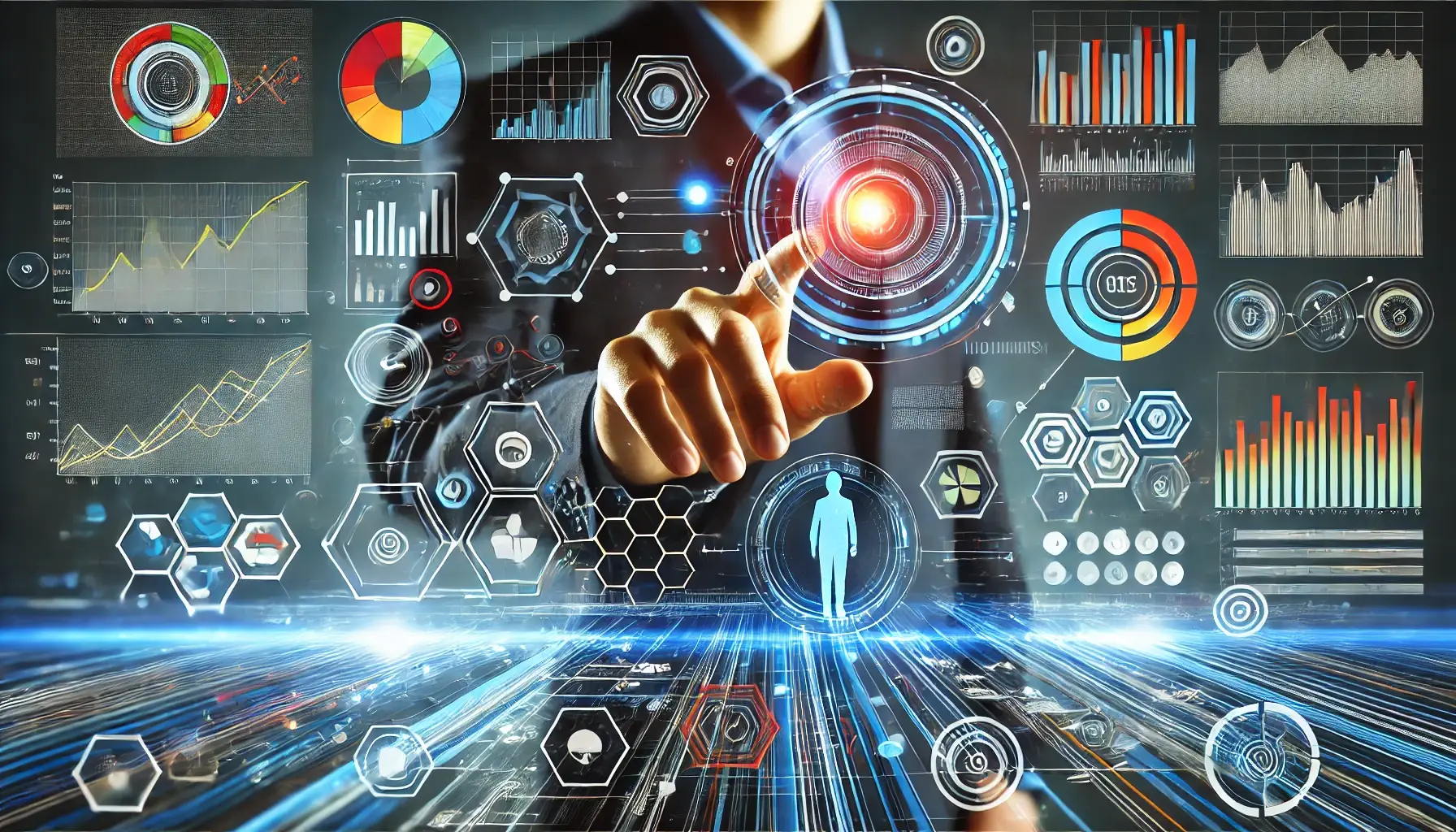 A business professional interacting with a futuristic digital interface featuring graphs, charts, and icons in vibrant colors and dynamic lines, symbolizing the use of advanced technology like Google AIO.