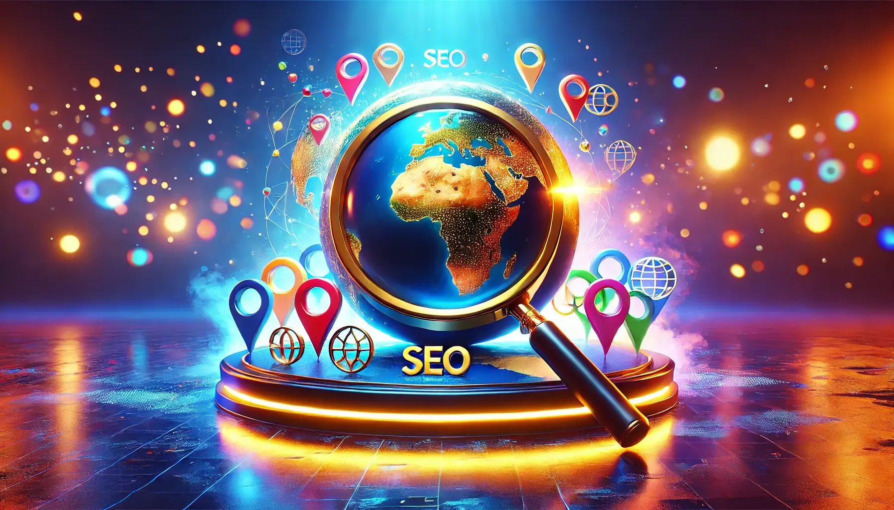 A vibrant, futuristic image of a huge world map with map and international SEO icons in major cities, with a giant magnifier in front of the world. The scene features low-key lighting, bokeh, and smoke effects, highlighting global connectivity and the impact of SEO.