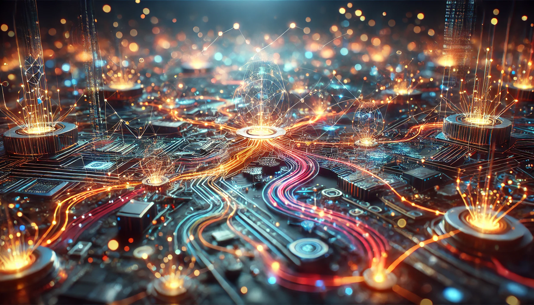 3D illustration of a futuristic technical backbone on the web, showcasing a network of glowing circuits and data streams in vibrant colors with low-key lighting, bokeh, and smoke effects, emphasizing advanced technology and interconnectedness.