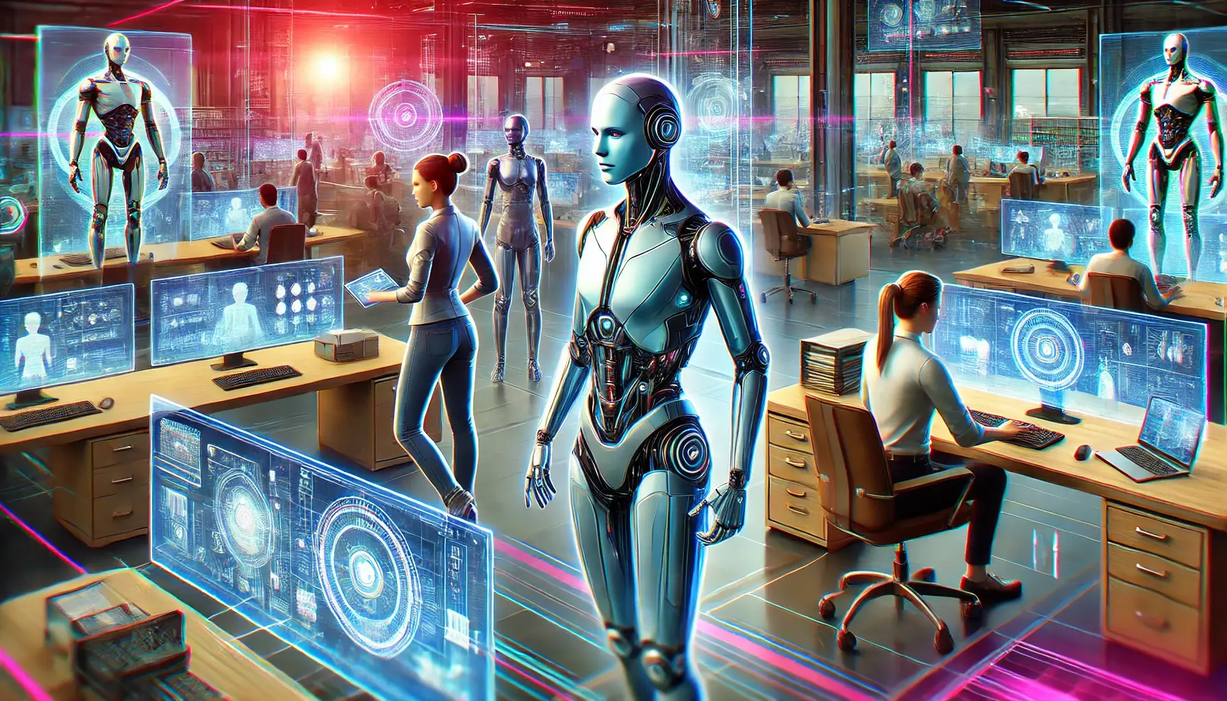 Vector illustration of three AI agents, two females and one male, busily working in a high-tech futuristic office with holographic screens and advanced digital tools, showcasing a dynamic and vibrant environment.