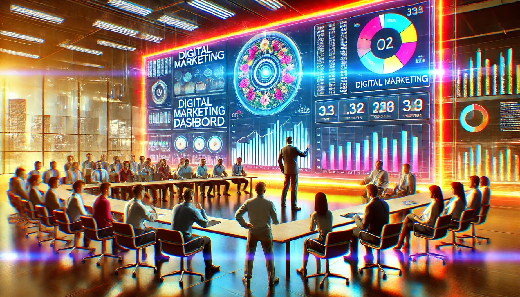 Futuristic 3D illustration of a vibrant office with managers looking at a huge digital marketing dashboard. The CEO is pointing at the dashboard and talking to the managers. The scene highlights advanced technology and data-driven decision making in digital marketing.