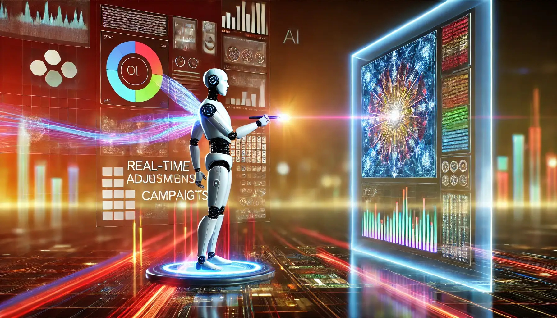 Futuristic 3D illustration of an AI figure interacting with data streams, optimizing marketing automation by making real-time adjustments to campaigns and delivering insights on a digital screen, set against a vibrant, cinematic background.