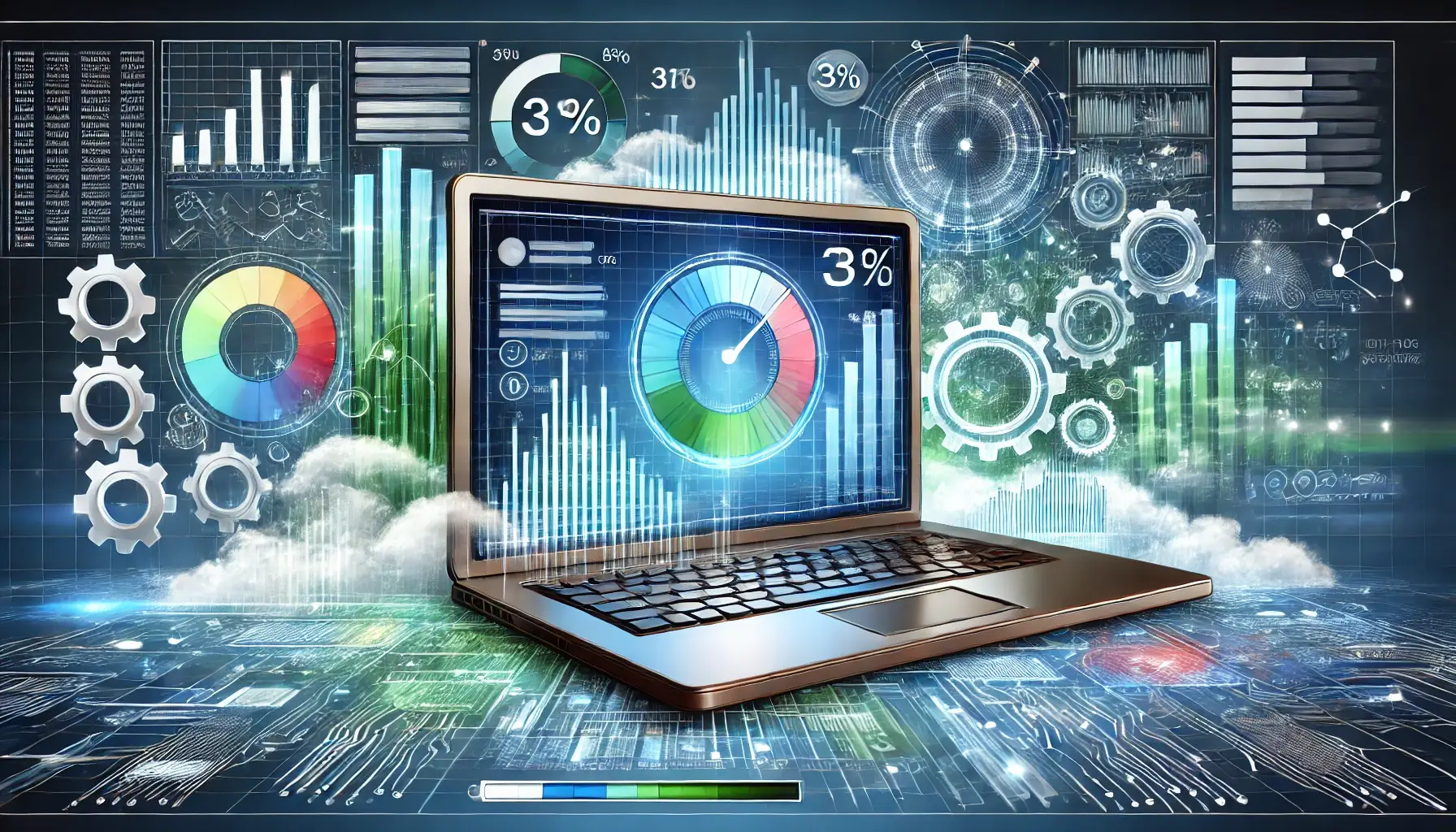 Website optimization concept with a modern laptop displaying performance metrics, analytical graphs, and loading speed indicators, surrounded by digital gears, arrows, and circuit lines in a tech-savvy blue and green color scheme.