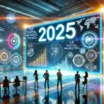 Futuristic widescreen illustration of a marketing board prominently displaying "2025," surrounded by holographic elements like graphs, AI analytics, and virtual reality interfaces. Professionals are strategizing in front of the board in a vibrant, high-tech environment with cinematic lighting, highlighting cutting-edge digital marketing trends for 2025.