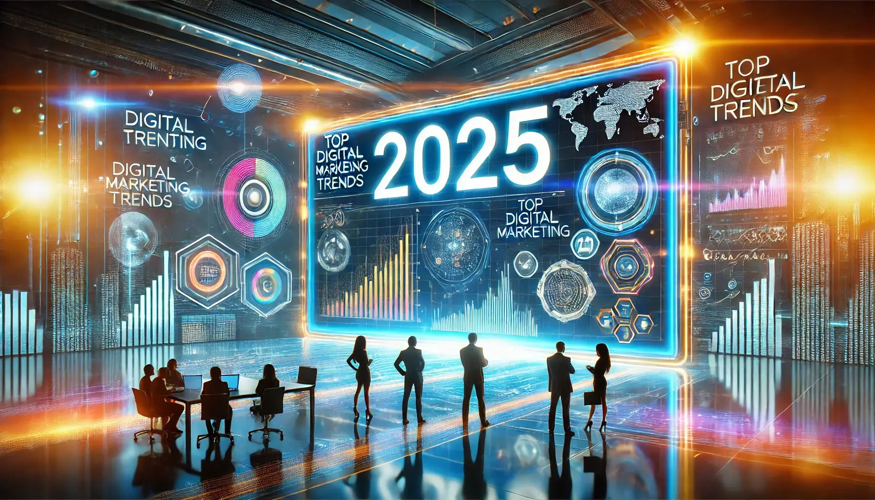 Futuristic widescreen illustration of a marketing board prominently displaying "2025," surrounded by holographic elements like graphs, AI analytics, and virtual reality interfaces. Professionals are strategizing in front of the board in a vibrant, high-tech environment with cinematic lighting, highlighting cutting-edge digital marketing trends for 2025.